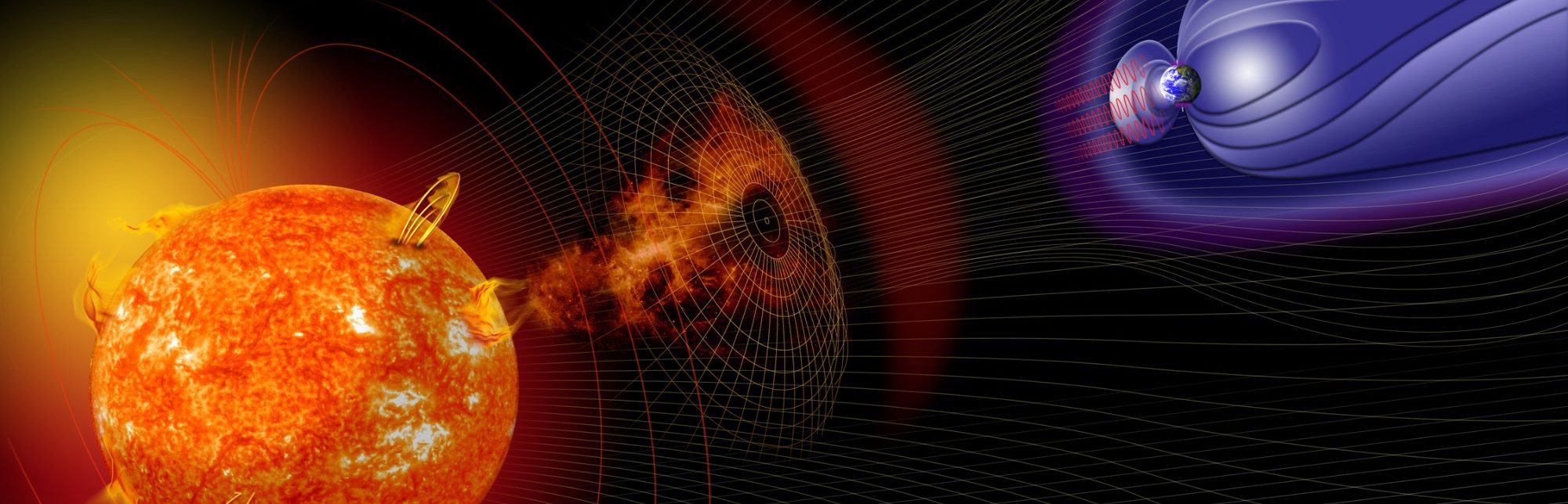 Artist’s illustration of events on the Sun changing the conditions in near-Earth space. Credit: NASA.